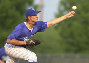 Grand Lake pitcher Cory Luebke delivers a pitch to the plate during the Mariners' game against Indianapolis on Friday night. Luebke, a Marion Local graduate, pitched six innings to help Grand Lake past Indianapolis, 4-2.<br>dailystandard.com